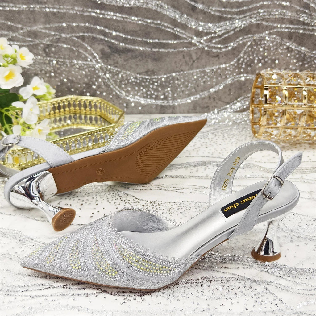 Women's Italian Diamond Studded Shoes and Bag Matching Set
