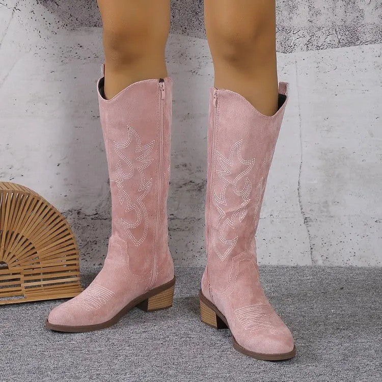 Women Chelsea Cowboy Knee High Boots for Women Mid Heels Walking Shoes Winter