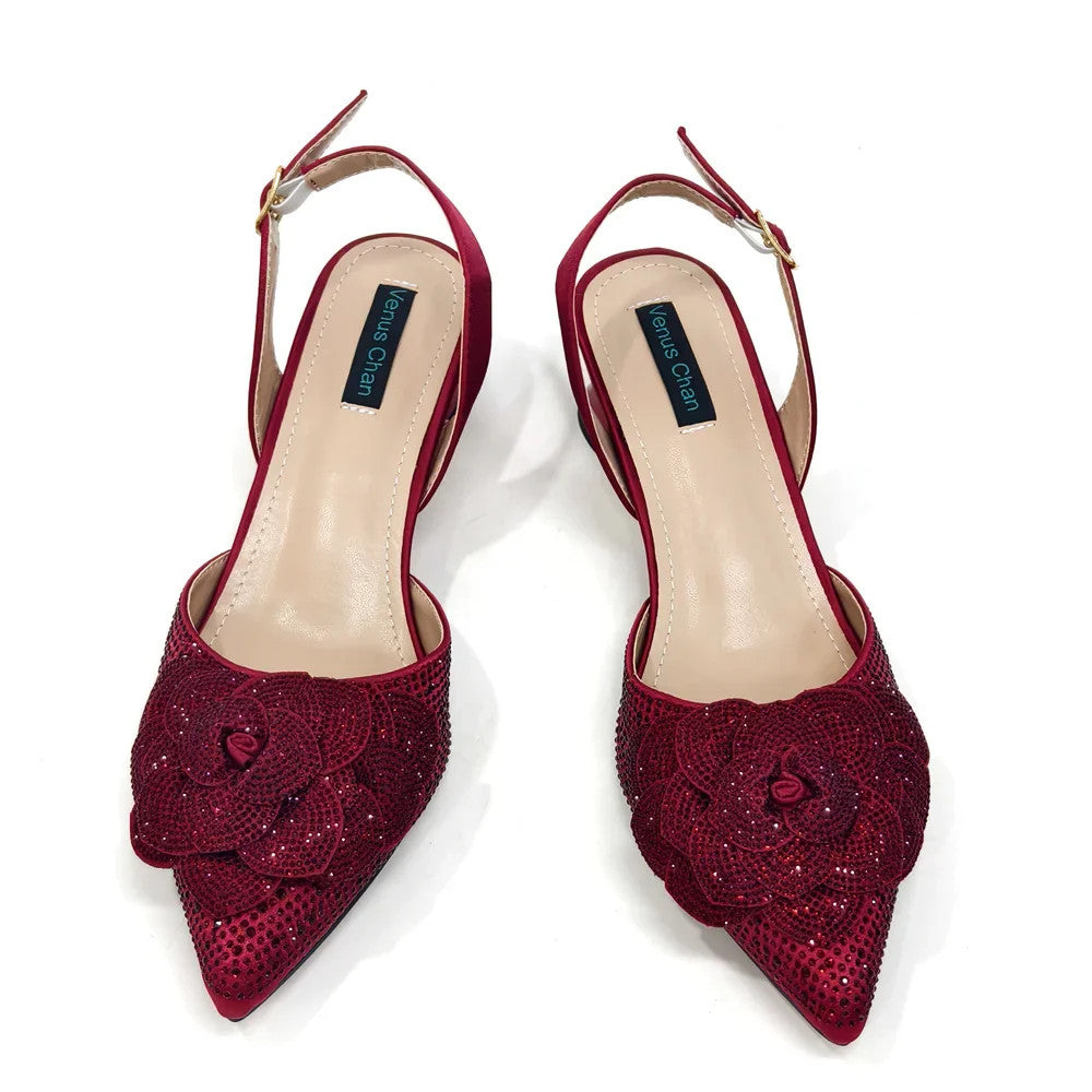 Women's Pointed-Toe Large Flower Decoration Rhinestone Low Heel Italian Shoes