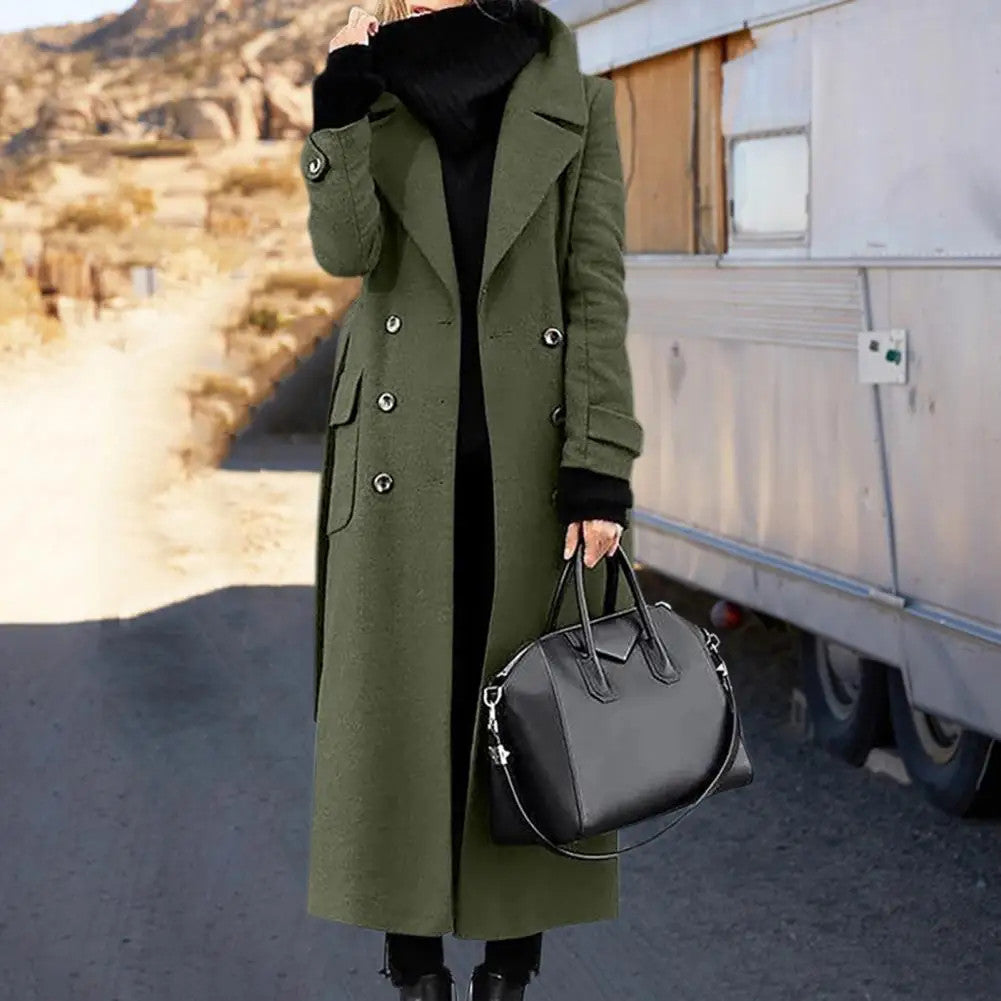 Women's Woollen Double-breasted Mid-calf Long Sleeves Jacket