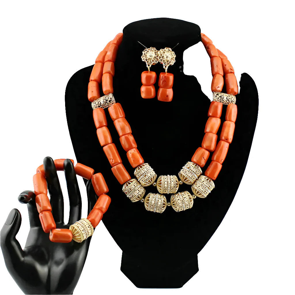 Latest Coral Jewelry Sets Nigerian Dubai Orange Necklace Sets of Beads African