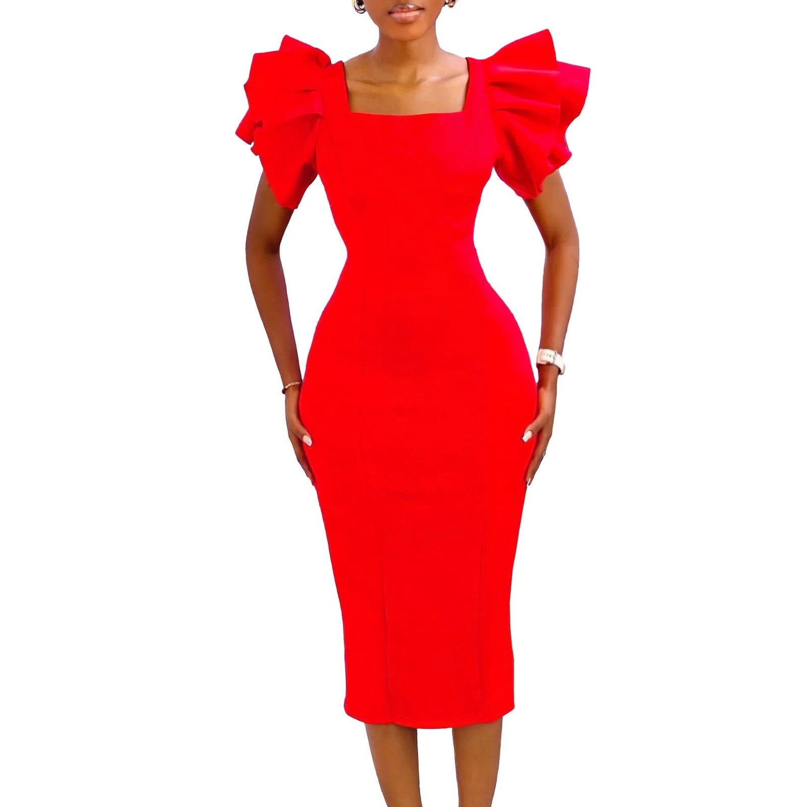 CM.YAYA Women Ruffles Short Sleeve Square Collar Knee Length Dress Street
