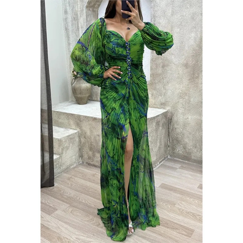 Women Floral Lantern Long Sleeve Dress Elegant Rhinestone Off Shoulder Maxi