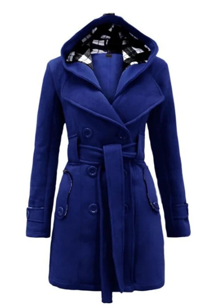 Fashionable Women's Woolen Warm Fleece Double Breast Jacket With Belts