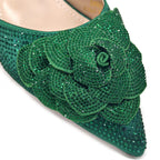 Women's Pointed-Toe Large Flower Decoration Rhinestone Low Heel Italian Shoes
