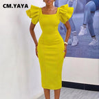 CM.YAYA Women Ruffles Short Sleeve Square Collar Knee Length Dress Street