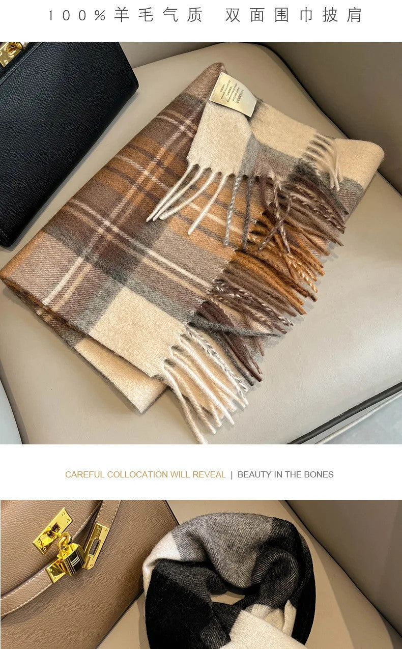 High Quality 100% Pure Wool Plaid Scarf Women Couples Winter Autumn Soft Warm