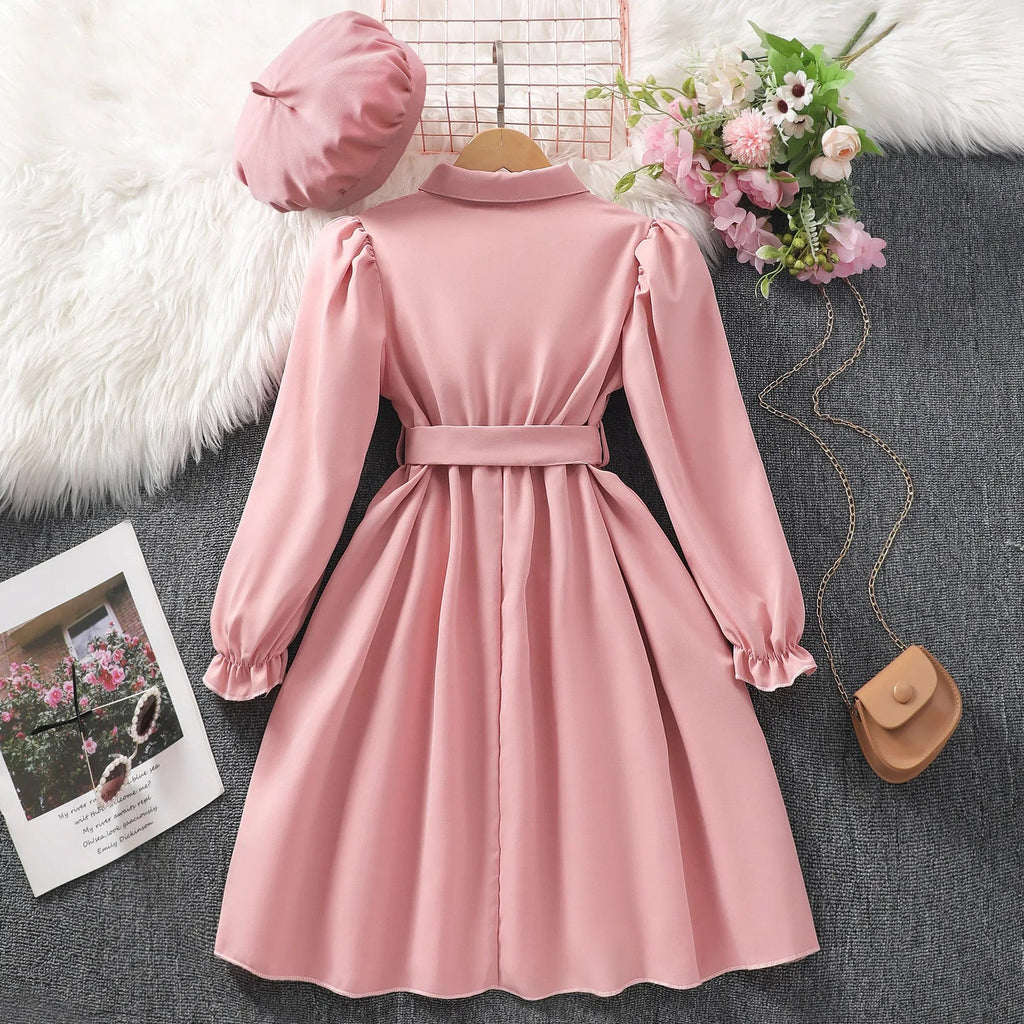 Girls Long Sleeve Solid Colored Dress with Belt Pockets Button up Lapel Collar