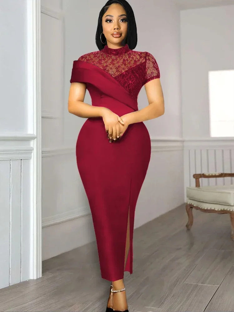 Black Long Prom Dresses High Neck Lace Patchwork Bodycon Women Evening Cocktail