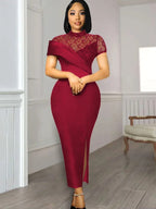 Black Long Prom Dresses High Neck Lace Patchwork Bodycon Women Evening Cocktail