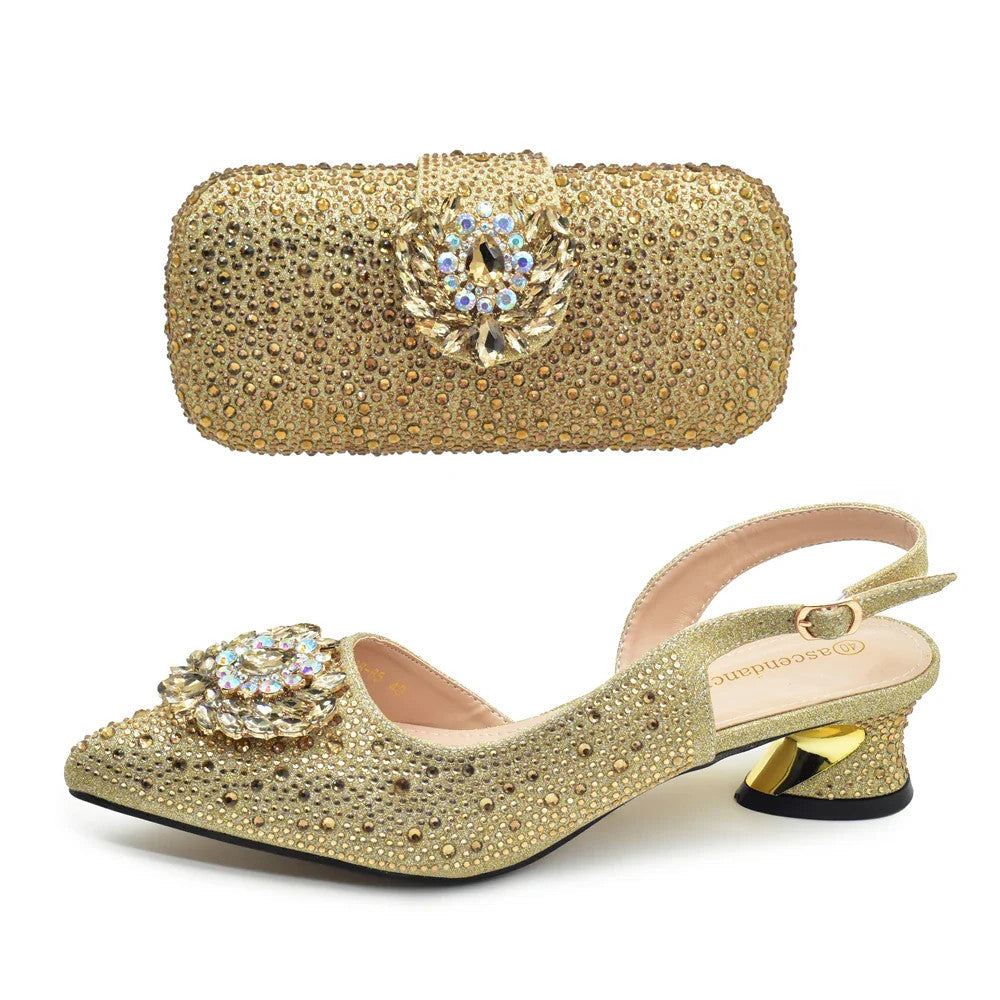 Elegant Italian Women's Rhinstone Pumps Heels Shoes and Bag Set To Match for