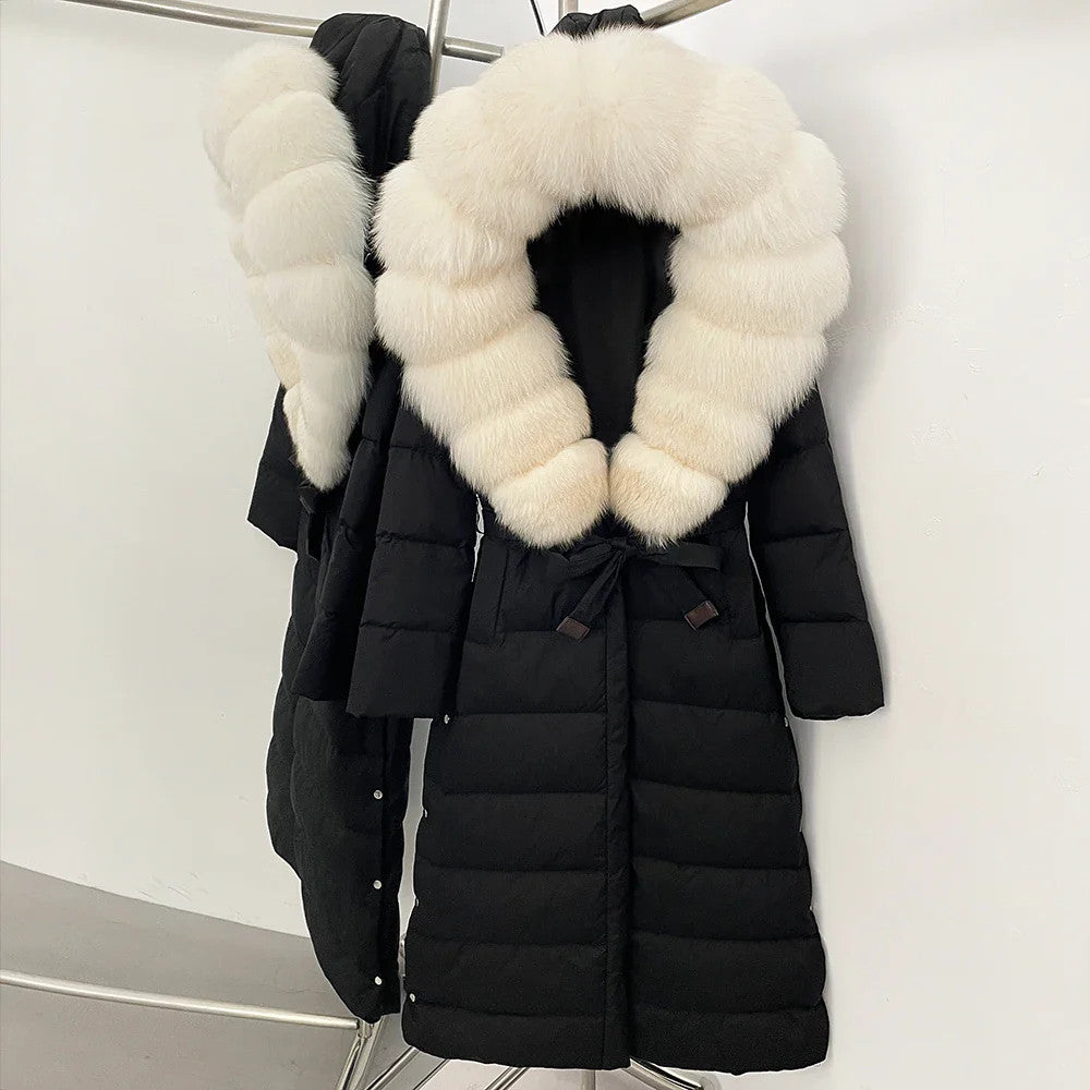Real Faux Fur Collar Puffer Jacket Duck Down Thick Coat For Women