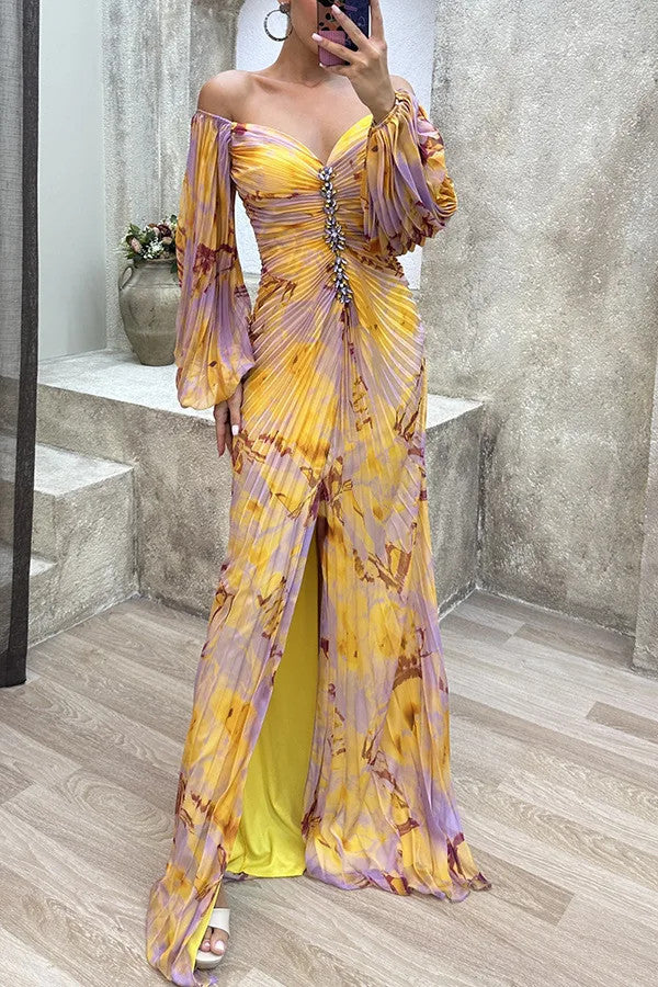 Women Floral Lantern Long Sleeve Dress Elegant Rhinestone Off Shoulder Maxi