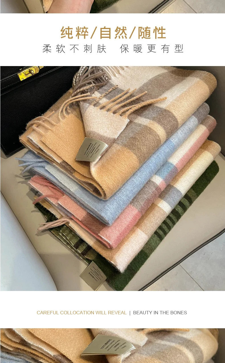 High Quality 100% Pure Wool Plaid Scarf Women Couples Winter Autumn Soft Warm