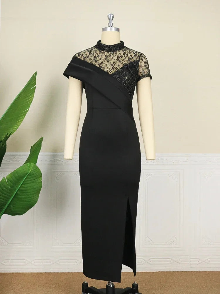 Black Long Prom Dresses High Neck Lace Patchwork Bodycon Women Evening Cocktail