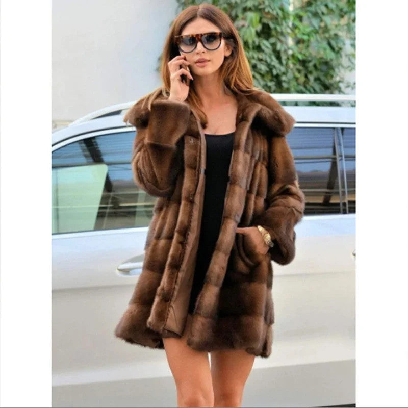 Women's mink fur coat medium long hooded Jacket