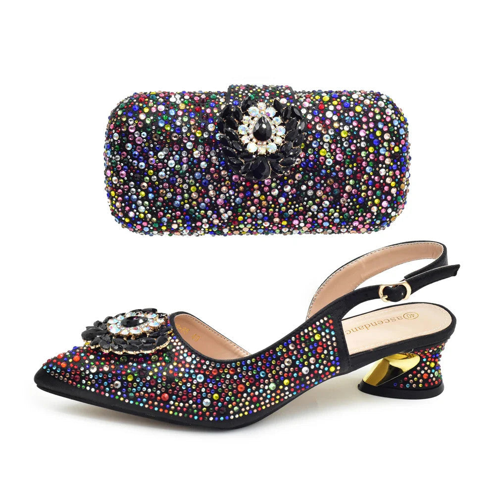 Elegant Italian Women's Rhinstone Pumps Heels Shoes and Bag Set To Match for