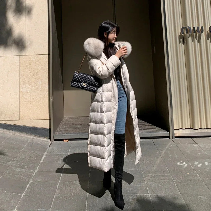 Women's Fashion Long Down Jackets Female Faux Fur Collar Hooded Thick White Duck