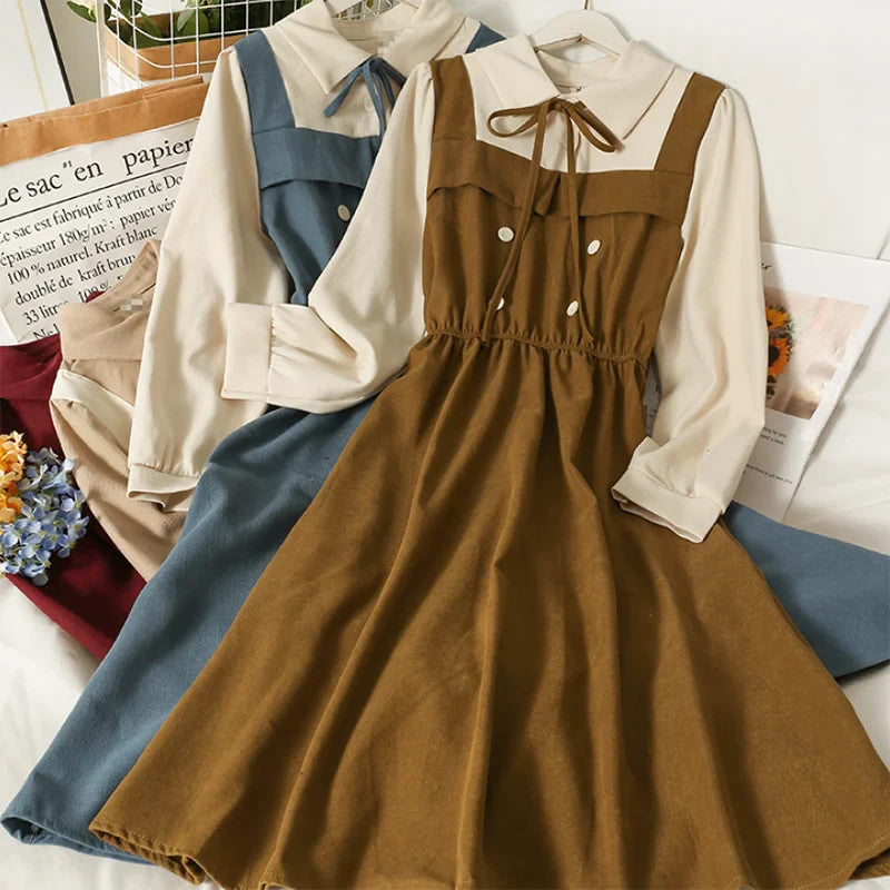 Vintage Patchwork Women's Dress High Waist A-Line Mid-Calf Spring Long-Sleeved