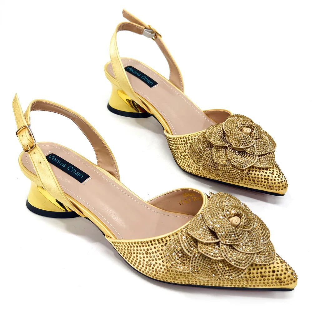 Women's Pointed-Toe Large Flower Decoration Rhinestone Low Heel Italian Shoes