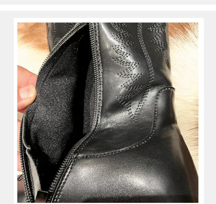 Vintage Black Western Cowboy Boots for Women Heels PU Leather Ankle Booties