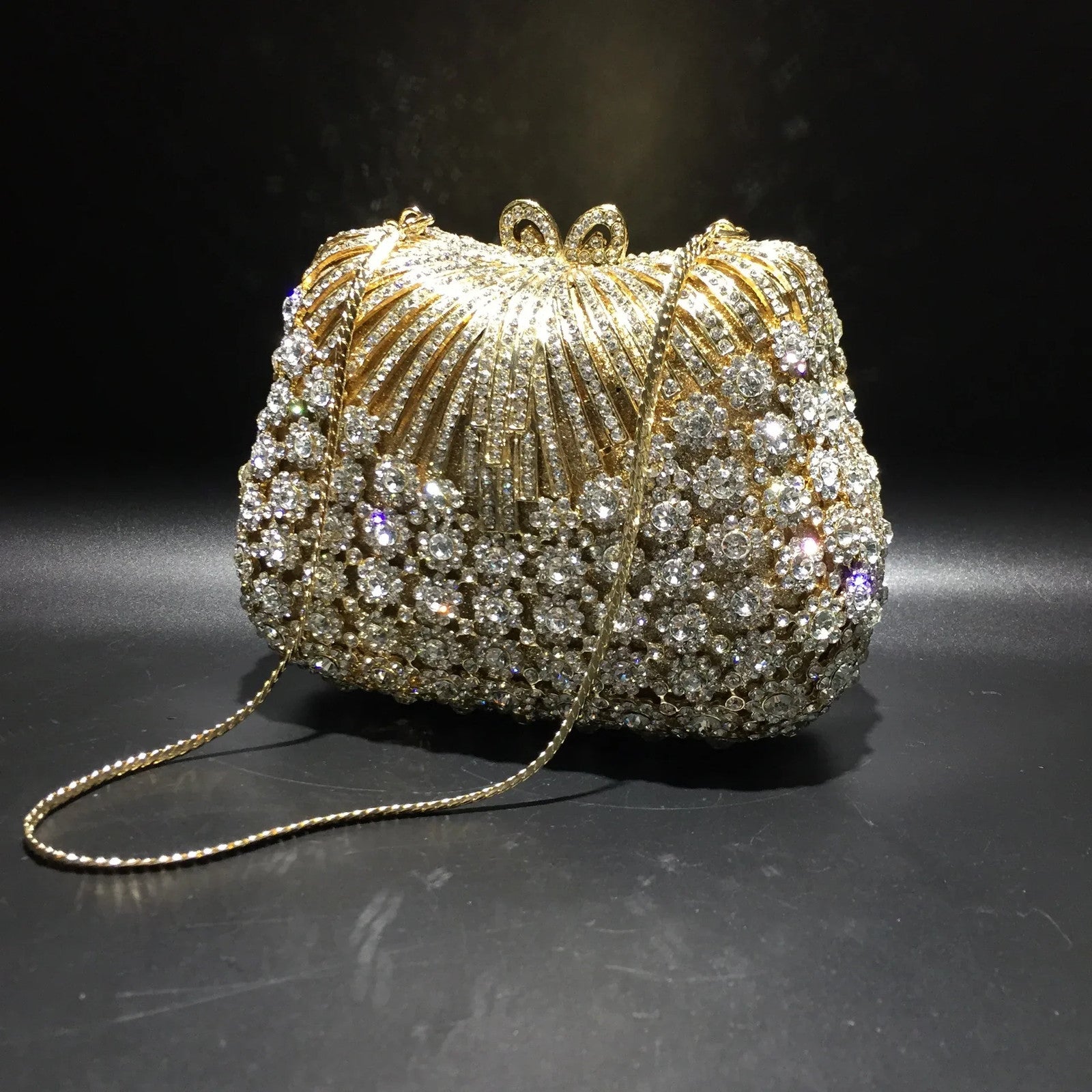 Women Gold Color Flower Rhinestones Clutch Bags Crystal Evening Purse Stones