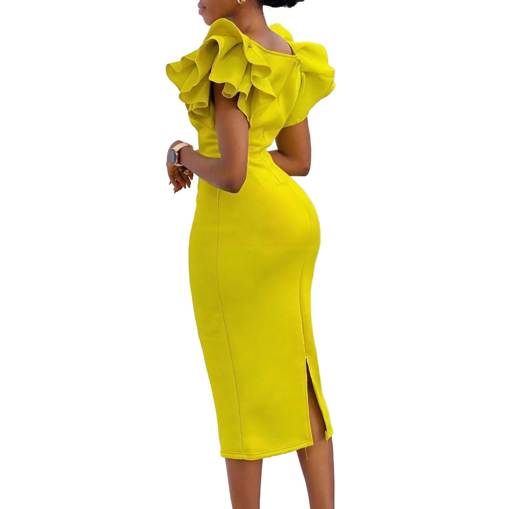 CM.YAYA Women Ruffles Short Sleeve Square Collar Knee Length Dress Street
