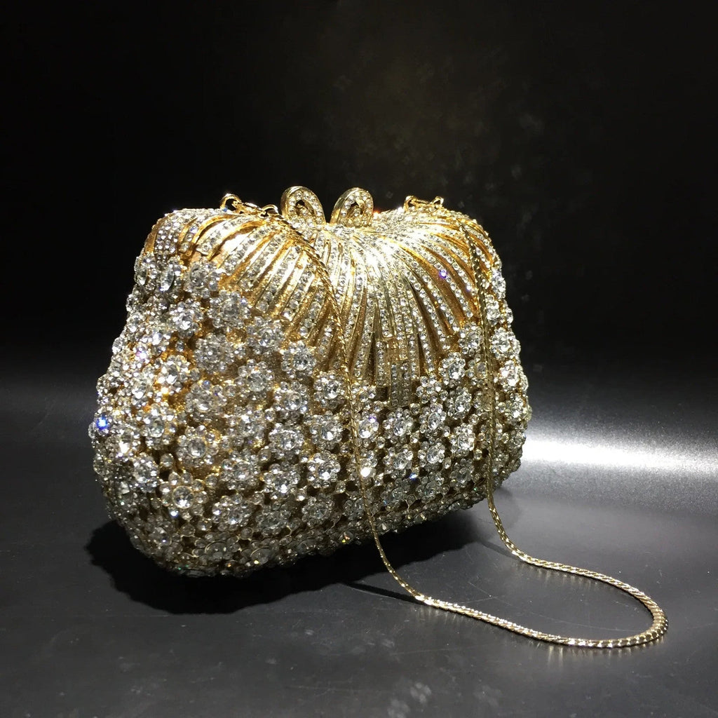 Women Gold Color Flower Rhinestones Clutch Bags Crystal Evening Purse Stones