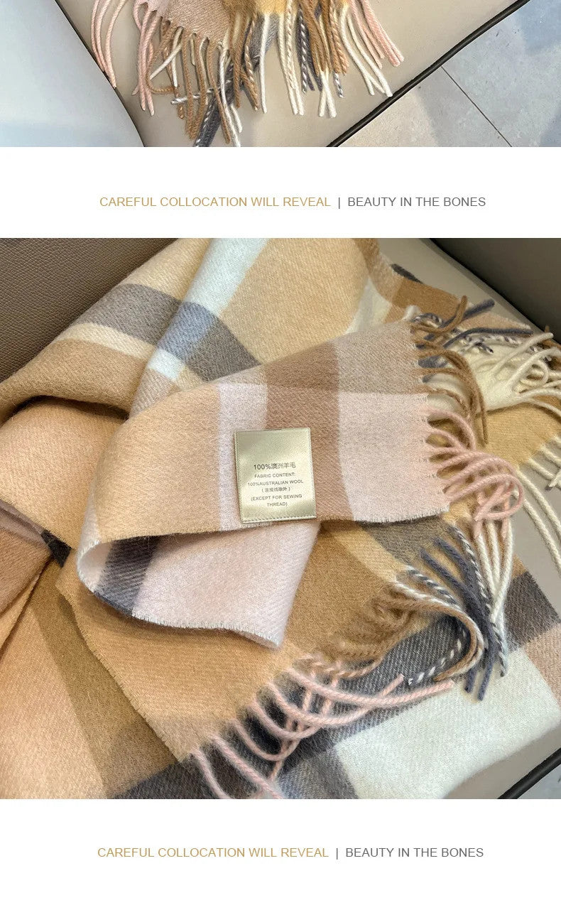 High Quality 100% Pure Wool Plaid Scarf Women Couples Winter Autumn Soft Warm