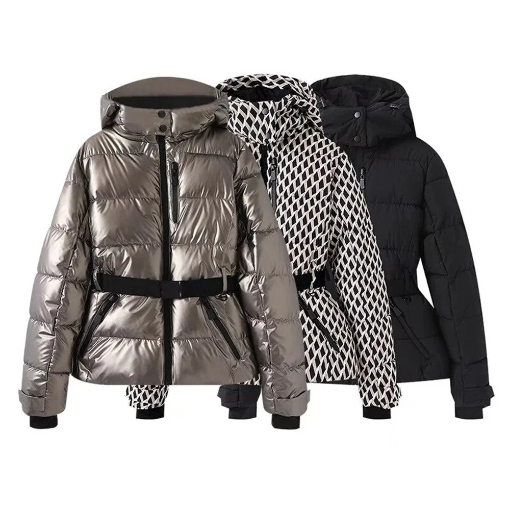 Women's warm skiing series waist down cotton jacket winter new hooded slim fit