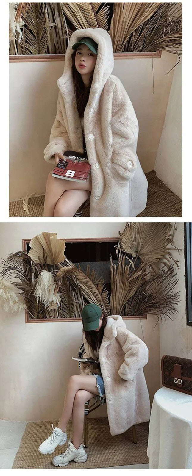 Winter Women's Faux Rabbit Fur Coat Hooded Thick And Plush Jacket