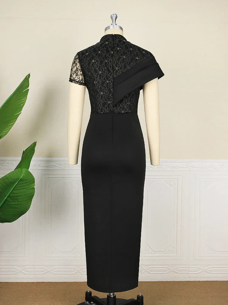 Black Long Prom Dresses High Neck Lace Patchwork Bodycon Women Evening Cocktail