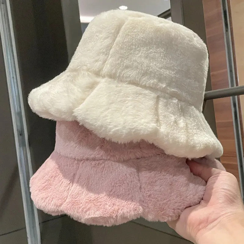 Women Girls Faux Fur Bucket Hat Plush Warm Fisherman Hat Outdoor Windproof