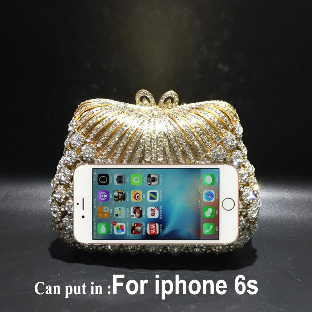 Women Gold Color Flower Rhinestones Clutch Bags Crystal Evening Purse Stones