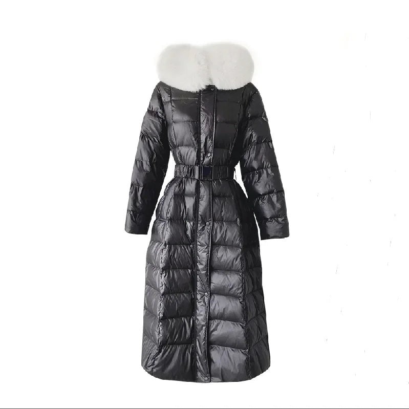 Women's Fashion Long Down Jackets Female Faux Fur Collar Hooded Thick White Duck