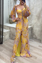 Women Floral Lantern Long Sleeve Dress Elegant Rhinestone Off Shoulder Maxi