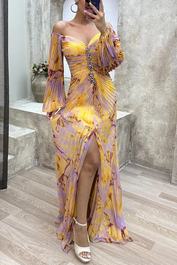 Women Floral Lantern Long Sleeve Dress Elegant Rhinestone Off Shoulder Maxi