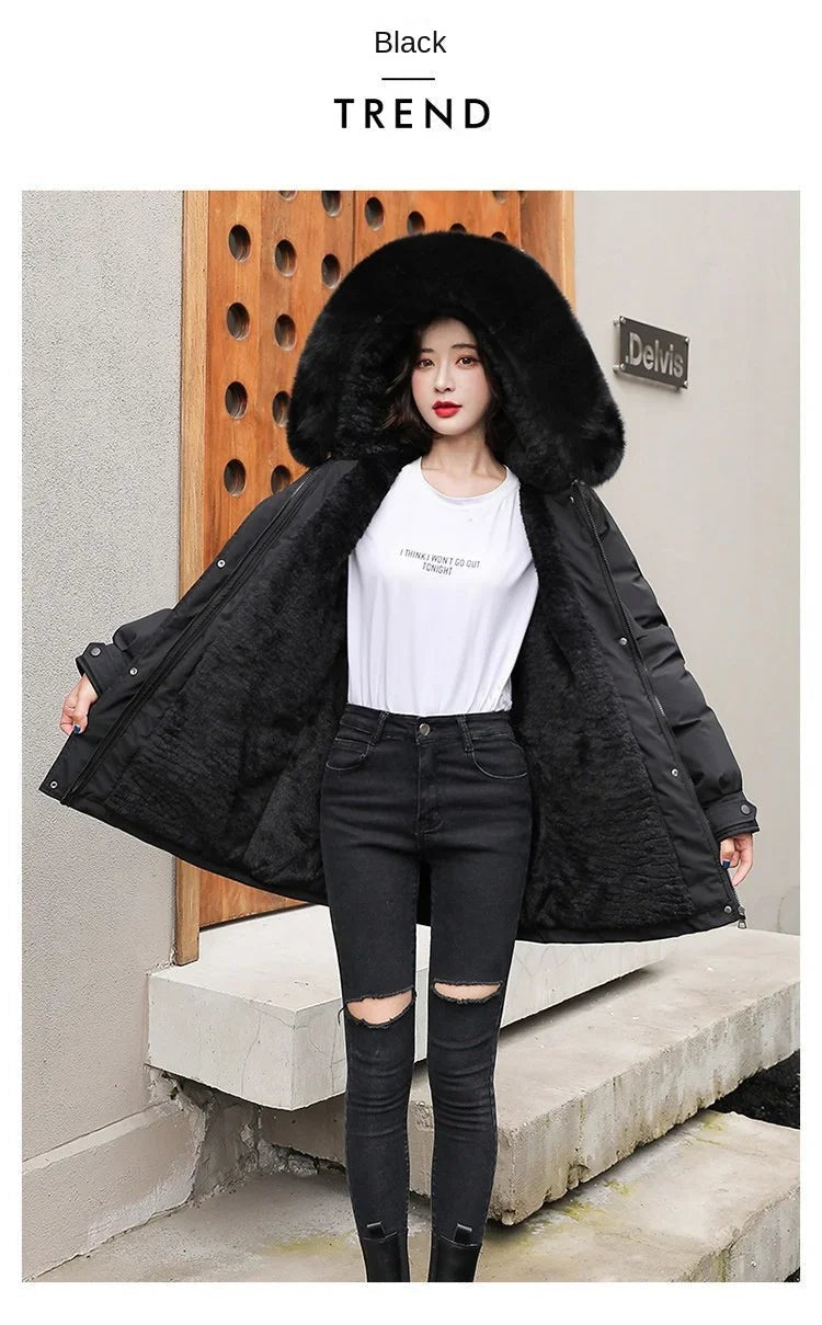 Women's Long Fashionable Hooded Winter Fur Collar Jacket