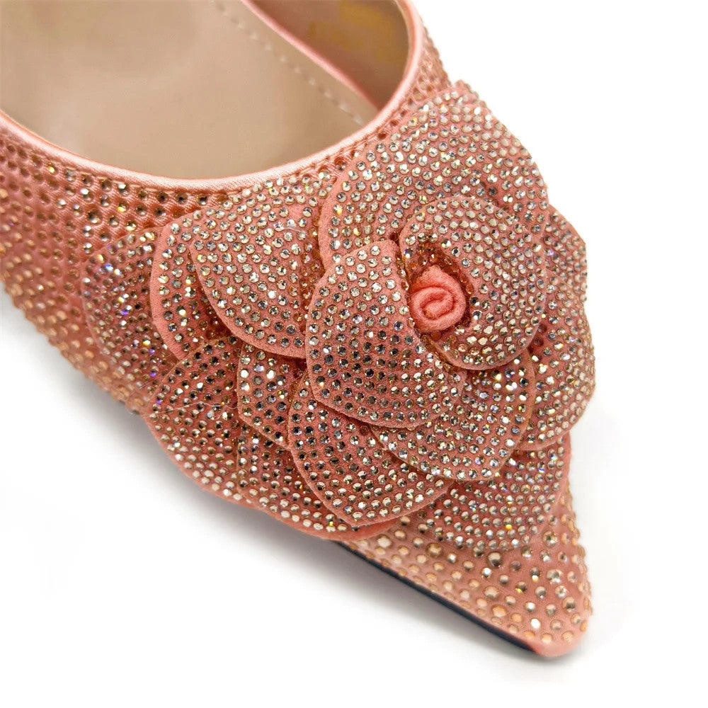 Women's Pointed-Toe Large Flower Decoration Rhinestone Low Heel Italian Shoes