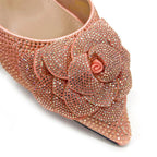 Women's Pointed-Toe Large Flower Decoration Rhinestone Low Heel Italian Shoes