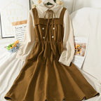 Vintage Patchwork Women's Dress High Waist A-Line Mid-Calf Spring Long-Sleeved