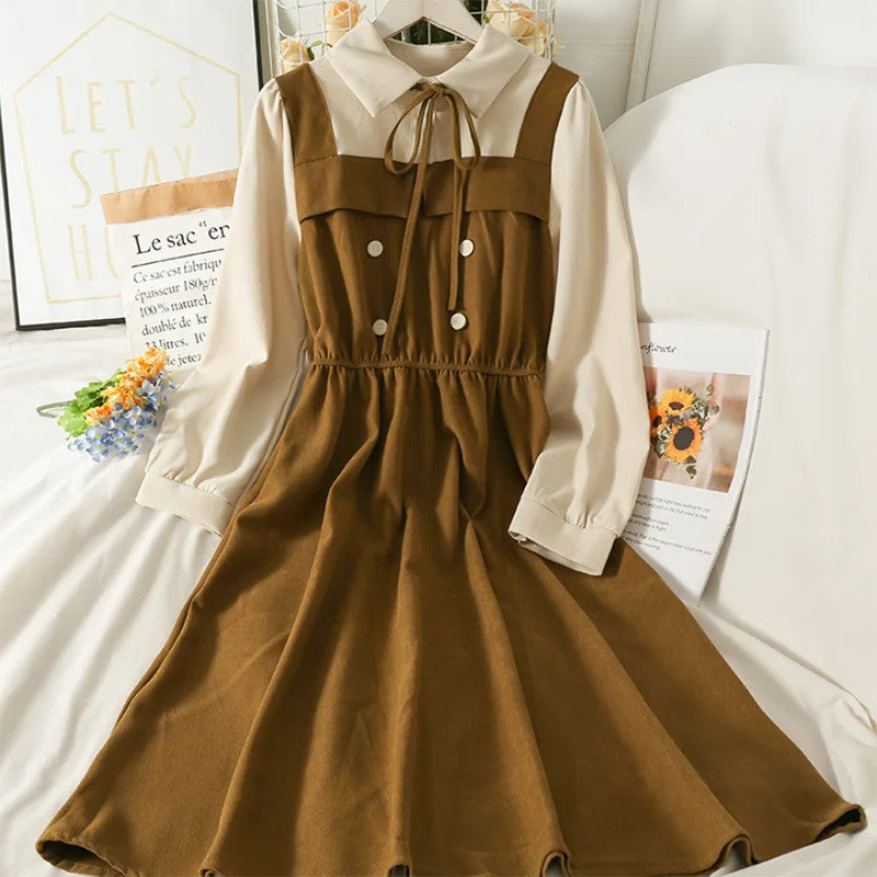 Vintage Patchwork Women's Dress High Waist A-Line Mid-Calf Spring Long-Sleeved
