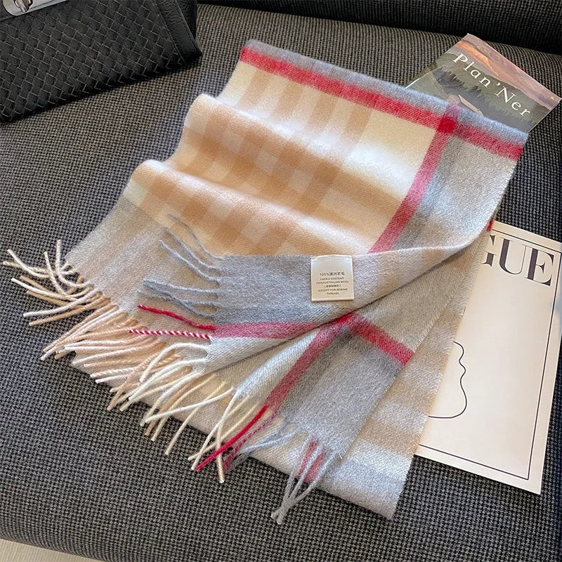 High Quality 100% Pure Wool Plaid Scarf Women Couples Winter Autumn Soft Warm