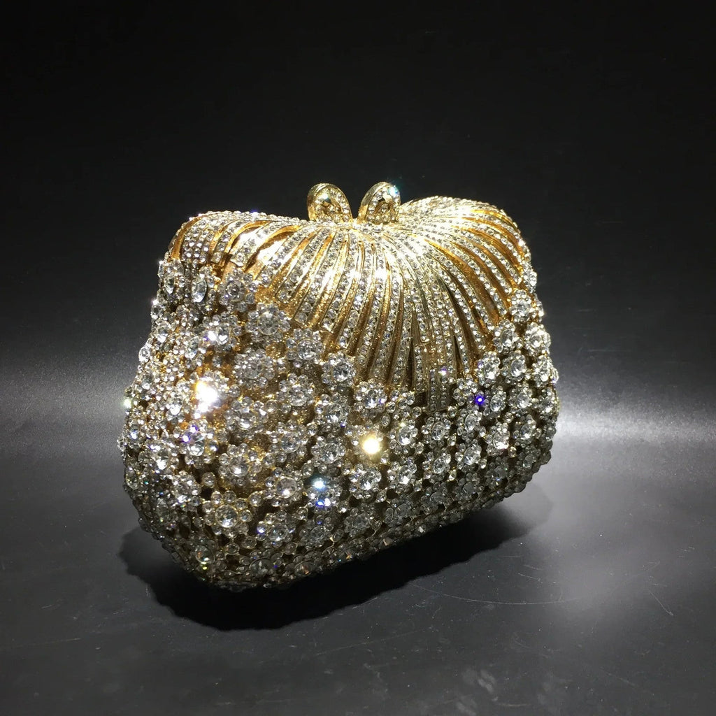 Women Gold Color Flower Rhinestones Clutch Bags Crystal Evening Purse Stones