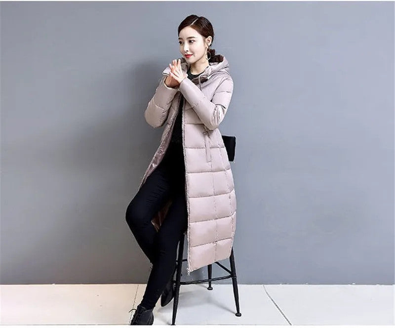 Winter Hooded Jacket Over The Knee Long Thick Women's Slim-Fitting Down Padded