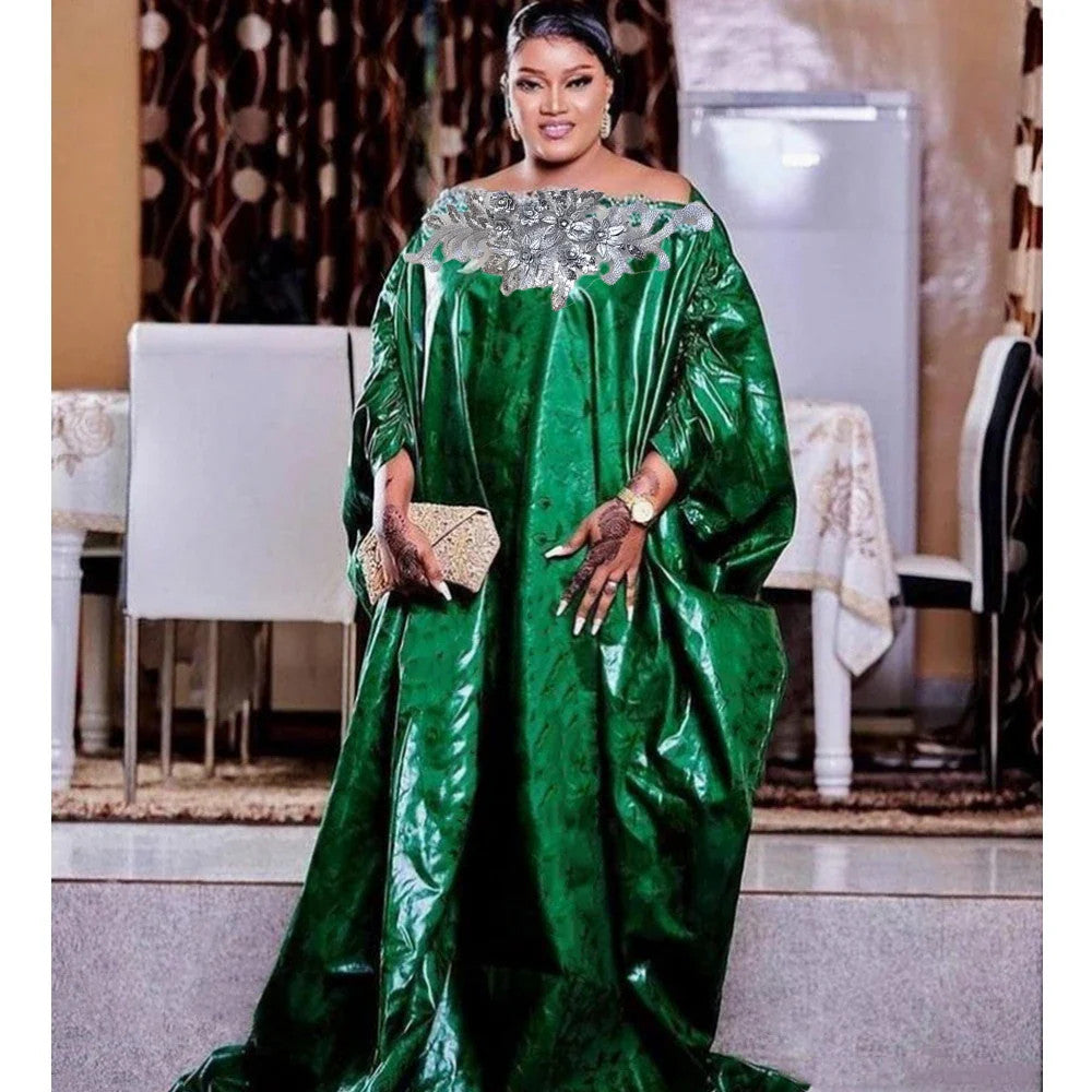 Green African Women's Traditional Bazin Riche Robe For Wedding and Party