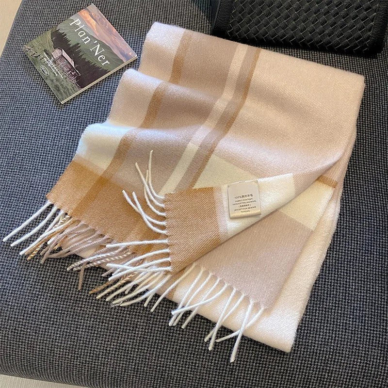 High Quality 100% Pure Wool Plaid Scarf Women Couples Winter Autumn Soft Warm