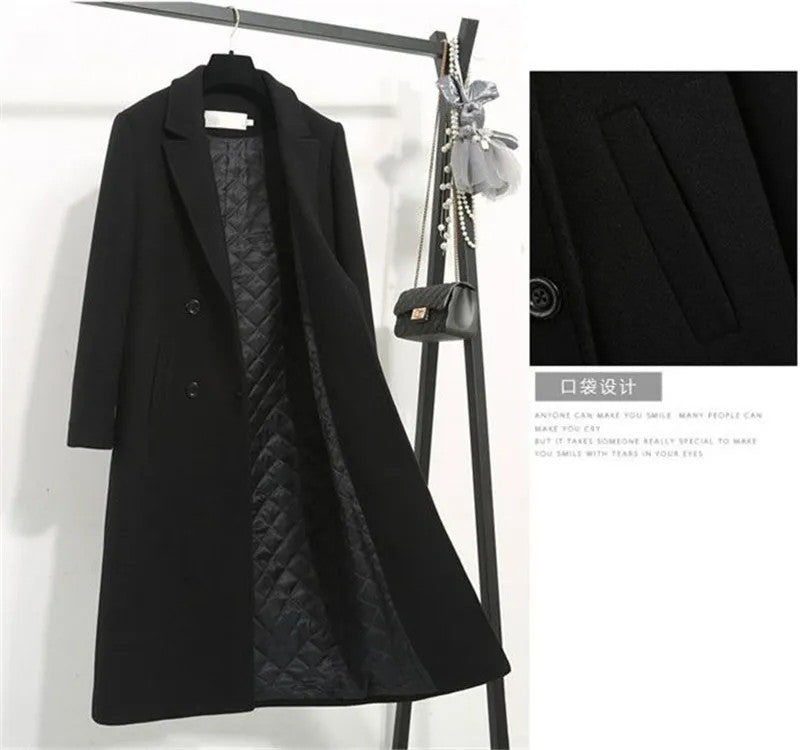 Women's Winter Classic Black Woolen Mid-Length Woolen Blend Overcoat