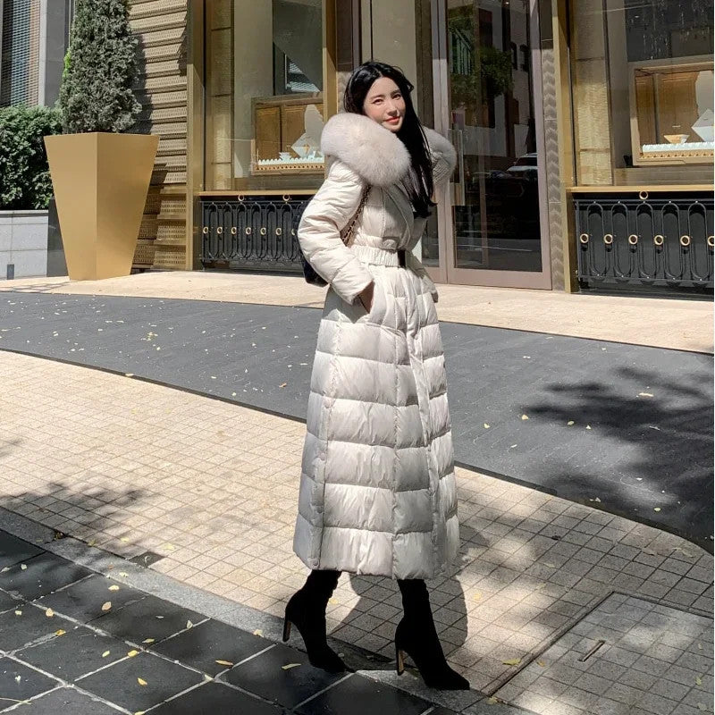 Women's Fashion Long Down Jackets Female Faux Fur Collar Hooded Thick White Duck