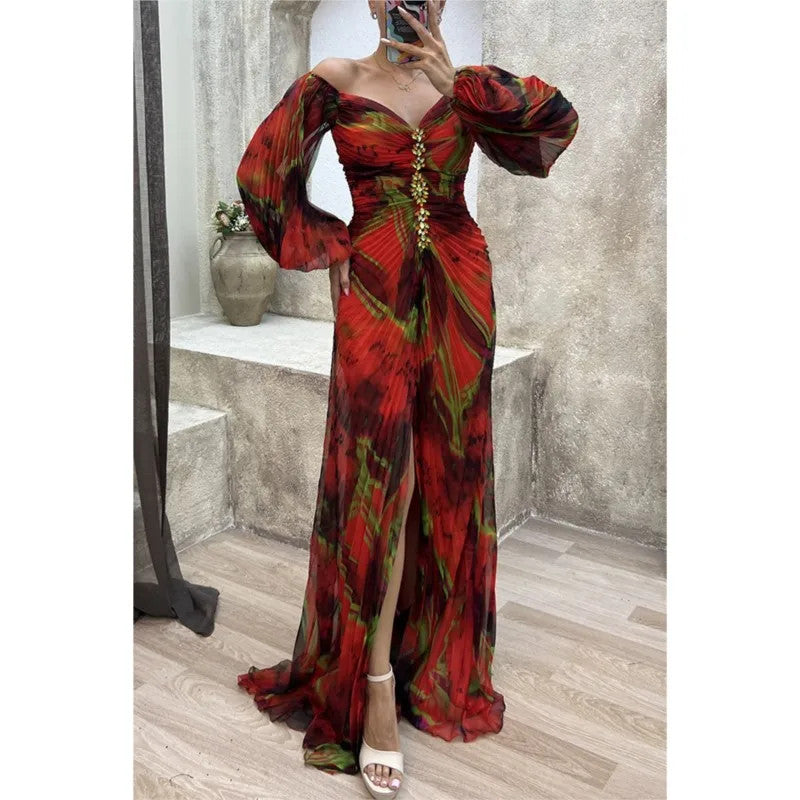 Women Floral Lantern Long Sleeve Dress Elegant Rhinestone Off Shoulder Maxi